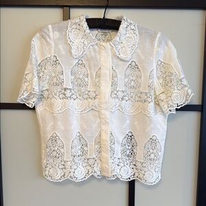 Miguelina "Darlene" White Linen & Crochet Lace Shirt - Size S